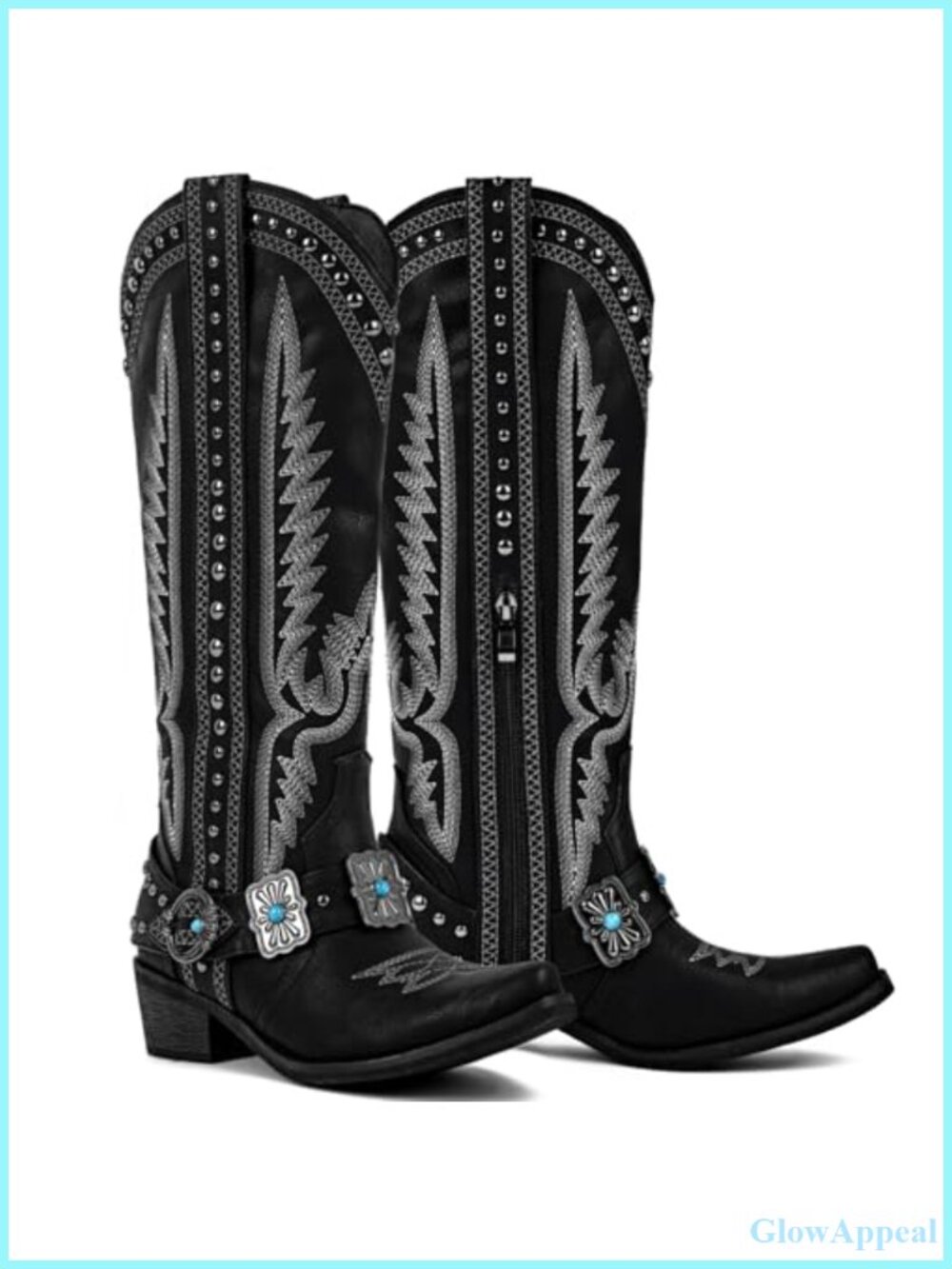 Knee High Cowboy Boots Western Embroidered Block Heel Side Zip Womens